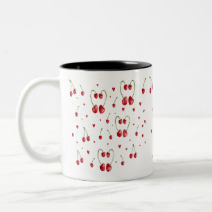 Süßes Wasserfarben-Kirsch- und Herz-Muster Zweifarbige Tasse
