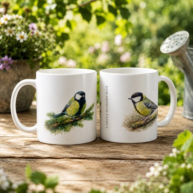 Süßes Wasserfarben-Monogramm mit Kohlmeise Kaffeetasse (Cute watercolor great tit bird monogrammed coffee mug. Lovely mug for bird lovers.)