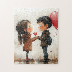 Süßes Wasserfarben-Paar Herz-Ballon Romantische Li Puzzle
