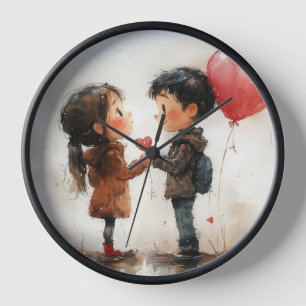 Süßes Wasserfarben-Paar Herz-Ballon Romantische Li Uhr