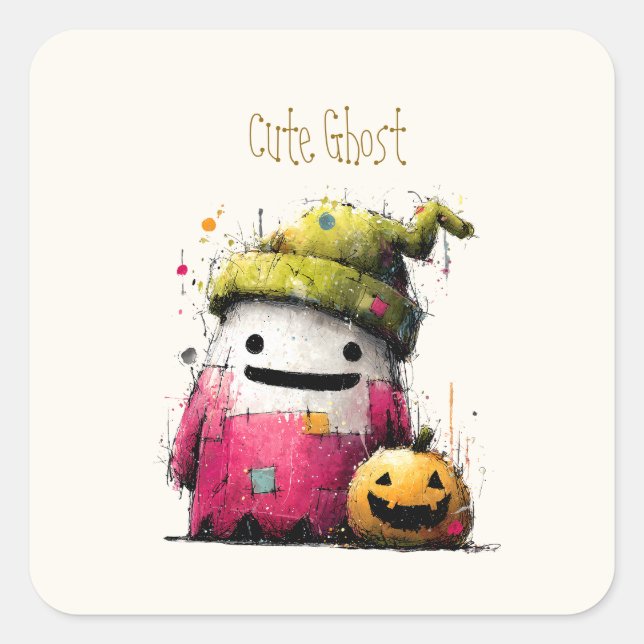 Süßes Wasserfarben-Patchwork-Geister-Halloween Quadratischer Aufkleber (Vorderseite)