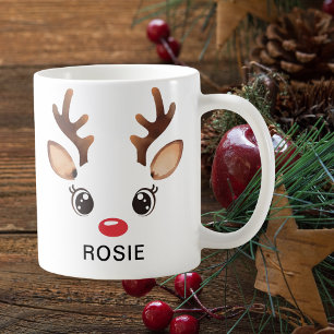 Süßes Wasserfarben-Weihnachtsrentier mit roter Nas Kaffeetasse