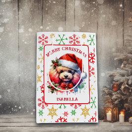 Süßes Wasserfarbpoodle in Weihnachtsmannmütze Mittlere Geschenktüte