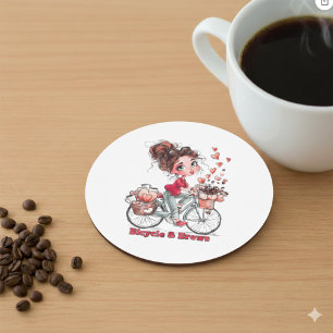 Süßes Watercolor-Mädchen auf Fahrrad-Kaffeekoster Getränkeuntersetzer