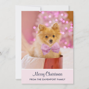 Süßes Weihnachts-Hund-Foto mit rosa Schleife und B Feiertagskarte