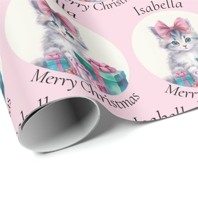 Süßes Weihnachts-Kätzchen Große Rosa Schleife Name Geschenkpapier (Rolleneckpunkt)
