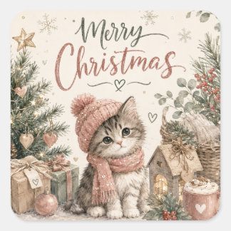 Süßes Weihnachts-Kätzchen-Quadrat-Sticker Whimsica Quadratischer Aufkleber