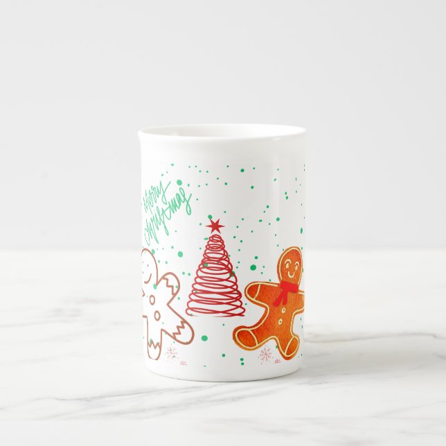 Süßes Weihnachts-Lebkuchenmann- und Baum-Muster.  Prozellantasse (Vorderseite)