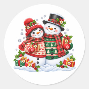 Süßes Weihnachts-Schneemann-Paar in festlichen Pul Runder Aufkleber