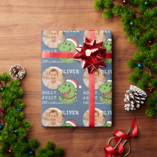 Süßes Weihnachtsdinosaurier-Foto für Kinder Geschenkpapier