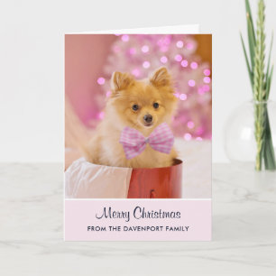 Süßes Weihnachtshund-Foto mit rosa Schleife & Baum Karte