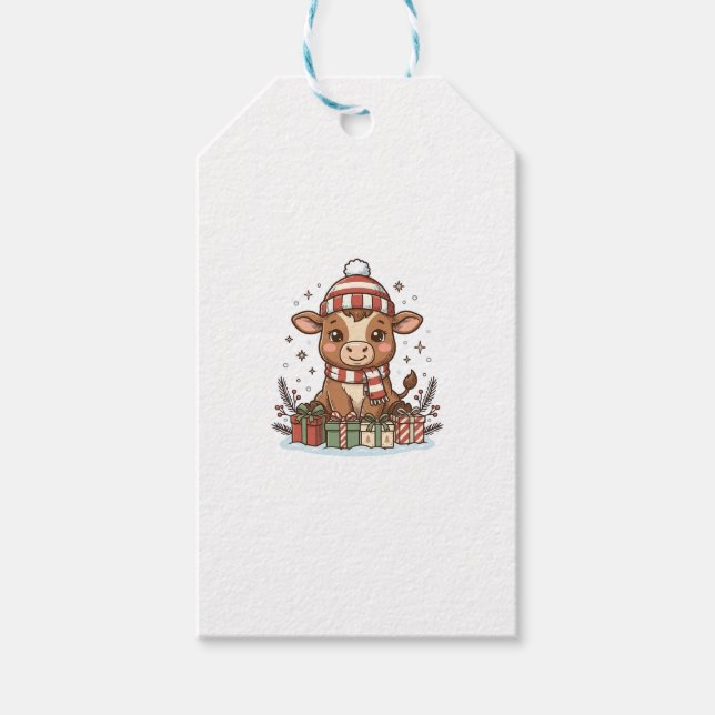 Süßes Weihnachtskalb mit Geschenken Vintage Vektor Geschenkanhänger (Vorderseite)