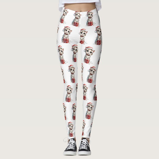 Süßes Weihnachtskitten auf Geschenkbox Leggings (Vorderseite)