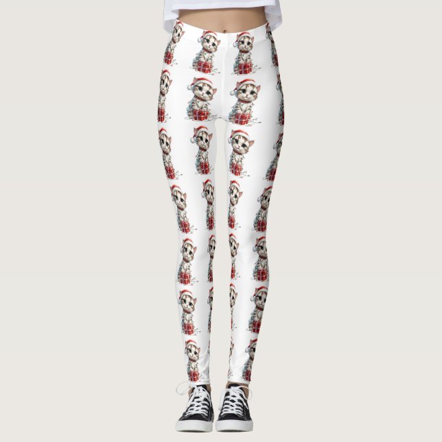 Süßes Weihnachtskitten auf Geschenkbox Leggings (Vorderseite)