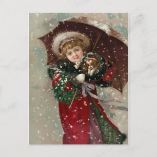 Süßes Weihnachtsmädchen im Schnee Feiertagspostkarte