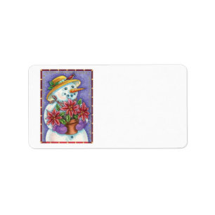 Süßes Weihnachtsmädchen Schneemann mit Poinsettie Adressaufkleber