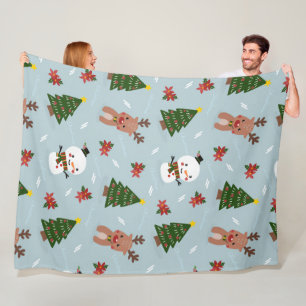 Süßes Weihnachtsmuster Schneemann, Rentier & Bau Fleecedecke