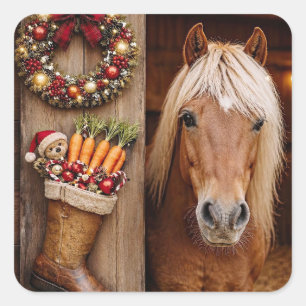 Süßes Weihnachtspferd und Strumpf Karotten Quadratischer Aufkleber