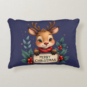 Süßes Weihnachtsrentier mit Stechpalme und Schild Dekokissen