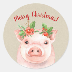 Süßes Weihnachtsschwein Rustikales Landhaus Ferien Runder Aufkleber