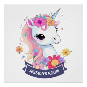 Süßes weißes Baby-Einhorn mit Blumen Poster