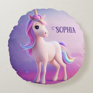 Süßes weißes Einhorn mit rosa und blauer Mähne Rundes Kissen