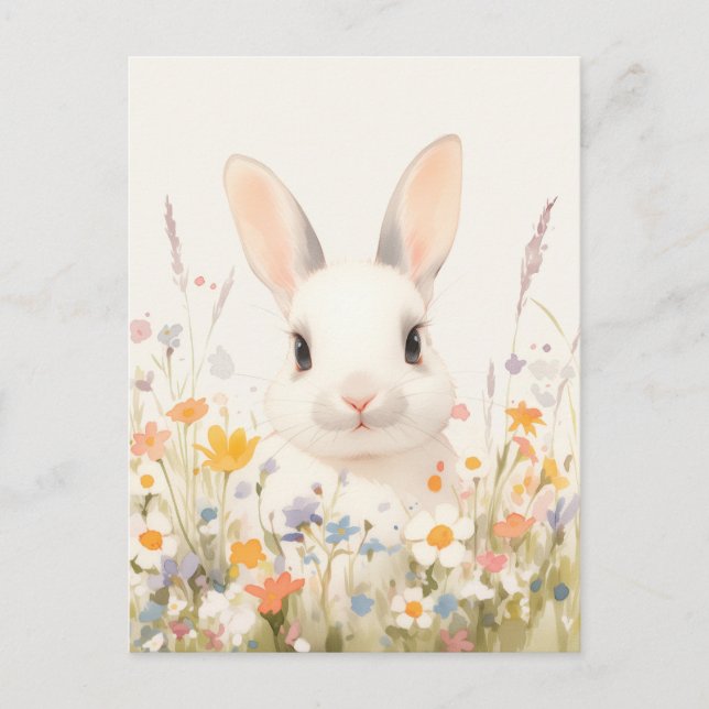 Süßes weißes Kaninchen auf einer Frühlingswiese Postkarte (Vorderseite)