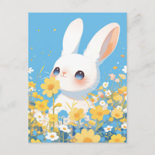 Süßes weißes Kaninchen auf einer sonnigen Wildblum Postkarte