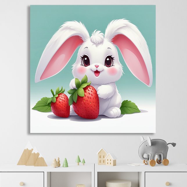 Süßes Weißes Kaninchen mit Erdbeeren Poster (Von Creator hochgeladen)