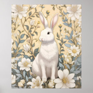 Süßes Weißes Kaninchen Pastellgelbe Blumen  Poster