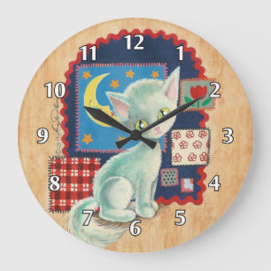 Süßes weißes Kätzchen und Patchwork Große Wanduhr