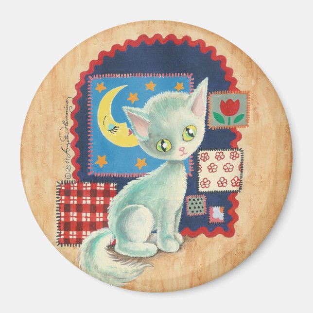 Süßes weißes Kätzchen und Patchwork-Kunst Magnet (Vorne)