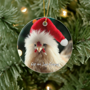Süßes weißes Silkie-Huhn in Santa-Mütze Weihnachte Keramik Ornament