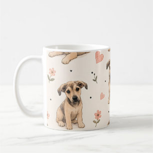 Süßes Welpen-Hunde-Blumenmuster mit Herzen Kaffeetasse