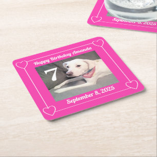 Süßes Welpenhund-Foto Geburtstag 7 Herzen Hot Pink Rechteckiger Pappuntersetzer