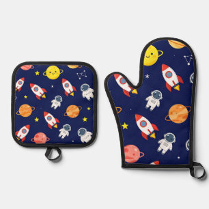 Süßes Weltraum-Explorer-Kinder-Muster Ofenhandschuh & Topflappen-Set