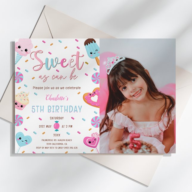 Süßes wie kann Candy Cupcake Donut FotoBirthday Einladung (Sweet as Can Be Candy Sweets Donut Ice Cream Cupcake Photo Birthday Invitation)