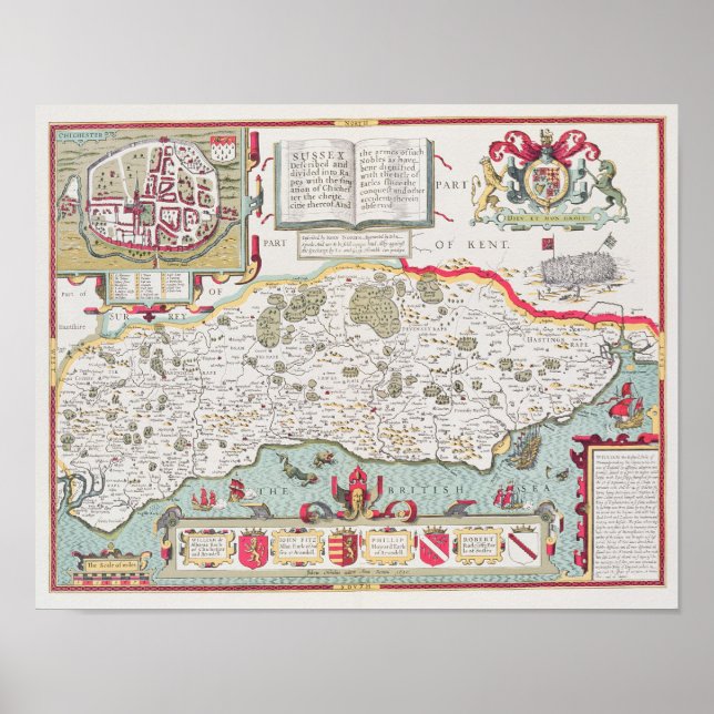 Sussex, eingegraben von Jodocus Hondius von John Poster (Vorne)