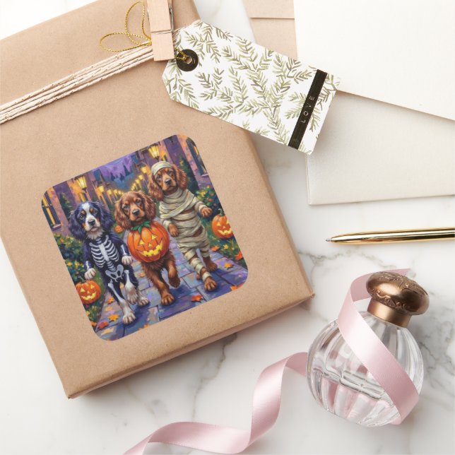 Sussex Spaniel Dogs in Halloween Costumes Quadratischer Aufkleber (Schenken)