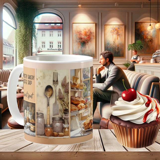 Süßgebäck Konditorei Coffee Shop Foto Kaffeetasse (Elegant bakery mug featuring your custom photos - or watercolor images - on a pastel design)