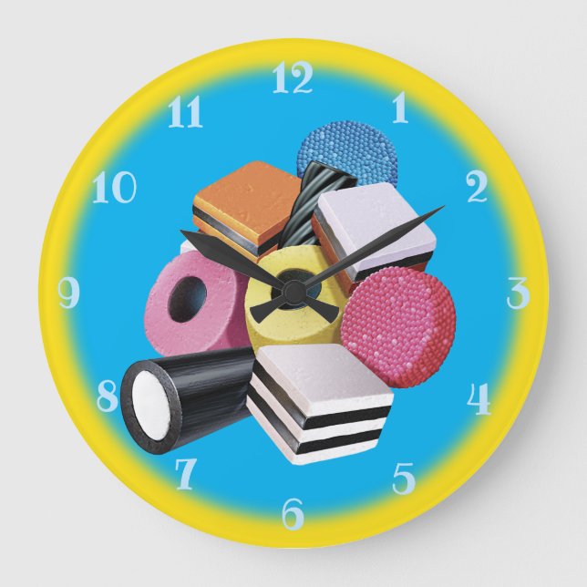 Süßigkeit Allsorts. Große Wanduhr. Gelb u. Wanduhr (Vorderseite)