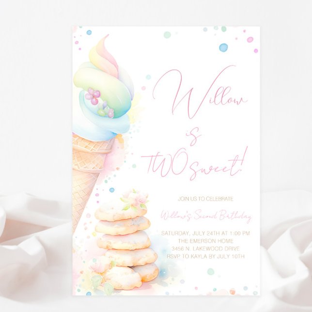 Süßigkeiten Girl Two Sweet Birthday Einladung (Pretty watercolor treats Two Sweet second birthday party invitation. Simply add your event details.)