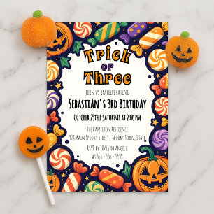 Süßigkeiten-Halloween-Geburtstag für drei Kinder o Einladung