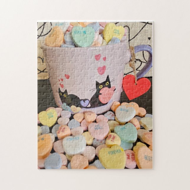 Süßigkeiten-Herzen mit Katzen-Puzzle Puzzle (Vertikal)