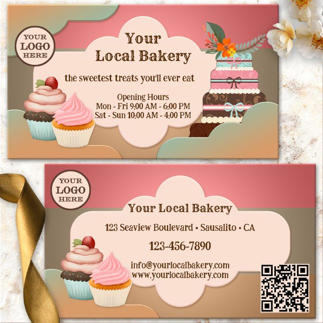 Süßigkeiten Leckereien Kuchen Bäckerei Visitenkarte (Sweet bakery business card showing a retro design with cupcakes and a large wedding or birthday cake)