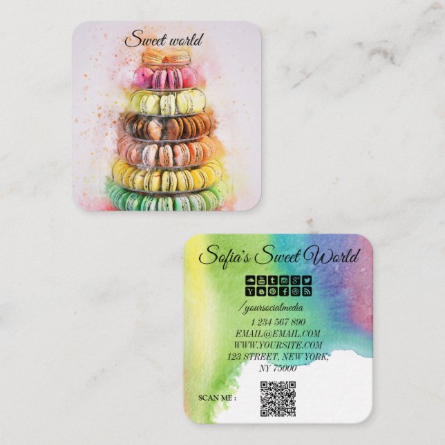Süßigkeiten Qr Code Moderne Macarons Quadratische Visitenkarte (Vorne/Hinten)