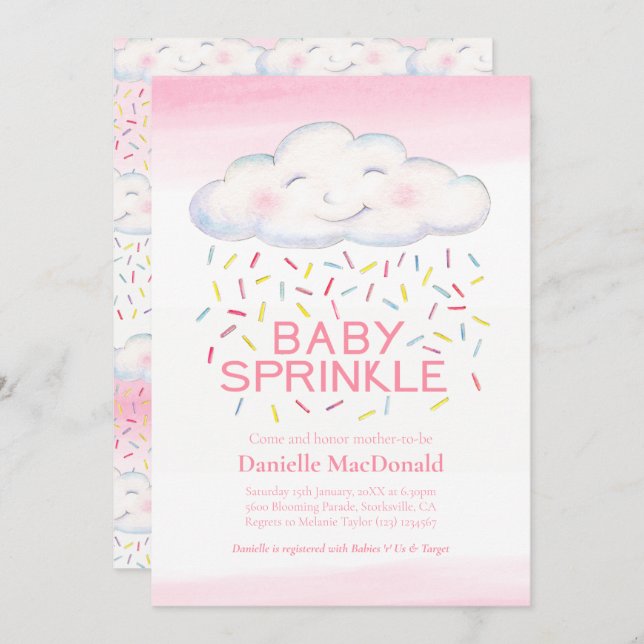 Süßigkeiten Sprinklen Rosa Aquarelltuch Babydusche Einladung (Vorne/Hinten)
