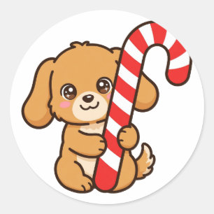 Süßigkeiten-Sticker mit Welpe und Zuckerstange Wei Runder Aufkleber