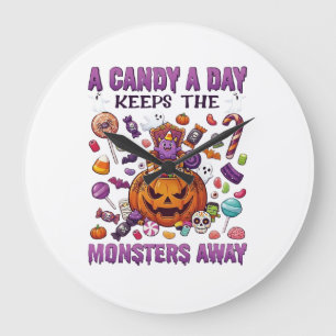 Süßigkeiten-Tag hält Halloween-Kürbismonster fern_ Große Wanduhr