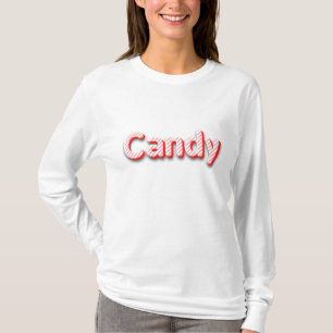 Süßigkeiten-Text-Logo mit gestreiften Rot und Weiß T-Shirt